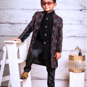 Boys Designer Indo-Western Sherwani Set with Velvet Kurta and Patterned Jacket
