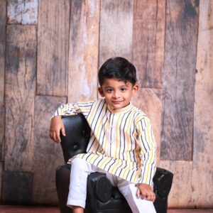 Boys Ethnic Kurta Pajama Set – Striped Cream & Yellow Kurta with White Pajama