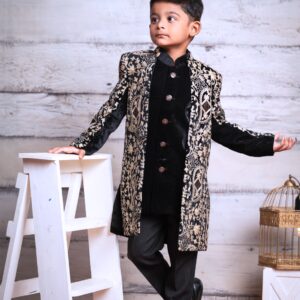 Royal Kids Sherwani Set - Black Velvet Embroidered Ethnic Wear for Boys